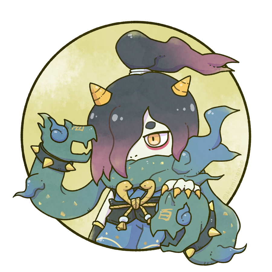1boy arm_at_side black_hair chibi chibi_only colored_skin covered_mouth cowboy_shot creature eyeliner fingernails floating_hair gradient_hair green_scarf hand_up horns jitome kaminonao makeup male_focus multicolored_hair nostrils orochi_(youkai_watch) outside_border pink_hair red_eyeliner round_image scarf sentient_scarf sharp_fingernails short_eyebrows solo topknot white_skin yellow_eyes yellow_horns yellow_nails youkai_watch