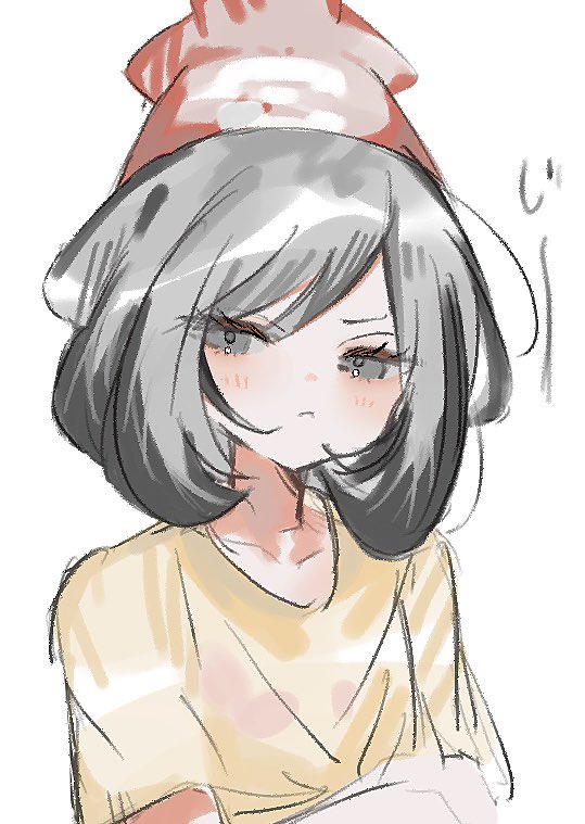 1girl black_hair blush c0smi5 closed_mouth commentary_request crossed_arms frown glaring grey_eyes hat jitome looking_at_viewer medium_hair nintendo pokemon pokemon_sm red_hat selene_(pokemon) shirt short_sleeves solo staring upper_body yellow_shirt