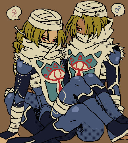 1boy 1girl blonde_hair dual_persona error genderswap genderswap_(ftm) long_hair lowres mutsuki_kaya nintendo red_eyes reverse_trap sheik the_legend_of_zelda the_legend_of_zelda:_ocarina_of_time the_legend_of_zelda:_twilight_princess