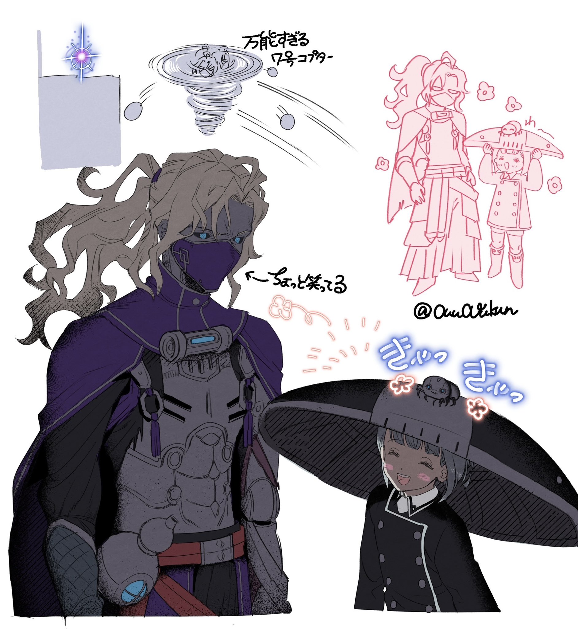 1boy 1girl black_sclera blonde_hair blue_eyes blush_stickers bug cloak closed_eyes colored_sclera ender_lilies_quietus_of_the_knights ender_magnolia_bloom_in_the_mist grey_hair hat highres lilac_(ender_magnolia) mask motley_(ender_magnolia) no.7_(ender_magnolia) open_mouth ponytail samurai short_hair sketch smile spider translation_request wide_brim yunosuke_(ouuouukun)