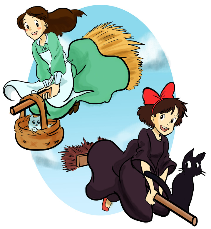 1980s_(style) 2girls apron black_cat broom broom_riding brown_eyes brown_hair cat crossover discworld dress jiji_(majo_no_takkyuubin) kiki_(majo_no_takkyuubin) lindbloem long_hair majo_no_takkyuubin multiple_girls retro_artstyle retro_artstyle short_hair smile studio_ghibli tiffany_aching witch you_(discworld)