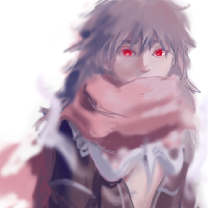 1boy assassin_cross_(ragnarok_online) black_shirt commentary english_commentary eremes_guile long_hair looking_at_viewer male_focus pink_scarf purple_hair ragnarok_online red_eyes scarf shirt simple_background solo supersneeze upper_body white_background