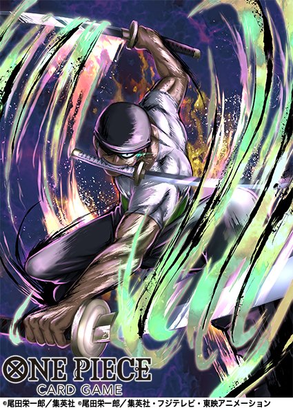 1boy bandana black_bandana colored_smoke commentary_request copyright_name crost earrings holding holding_sword holding_weapon jewelry looking_at_viewer male_focus muscular muscular_male official_art one_piece one_piece_card_game roronoa_zoro shirt smoke solo sword t-shirt weapon weapon_in_mouth white_shirt