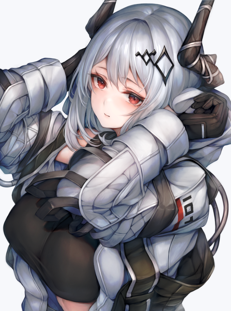 1girl arknights black_gloves black_sports_bra breasts closed_mouth demon_horns elite_ii_(arknights) gloves hood hood_down hooded_jacket horns jacket large_breasts long_hair mudrock_(arknights) mudrock_(elite_ii)_(arknights) open_clothes open_jacket red_eyes simple_background snm_(sunimi) solo sports_bra upper_body white_background white_hair white_jacket