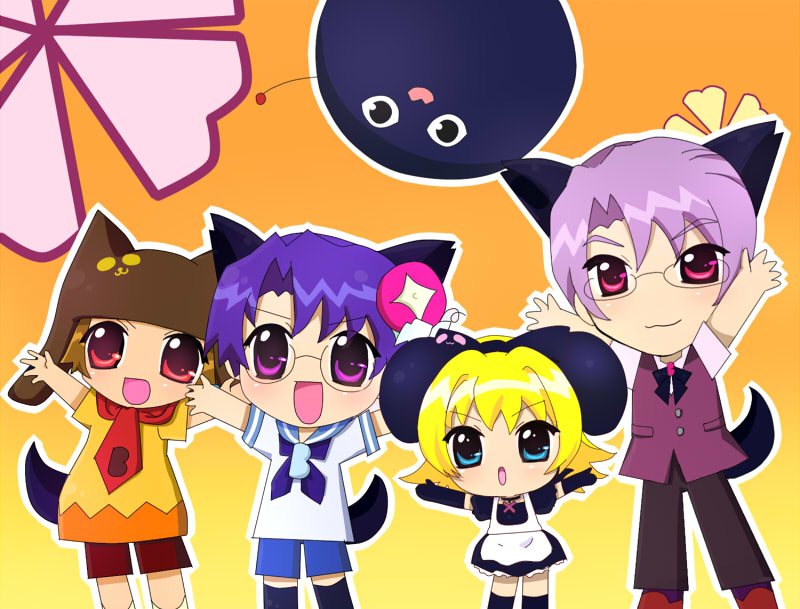 1girl 2000s_(style) 3boys aged_down animal_ears animal_hat blonde_hair blush brown_hair child commentary_request coo_erhard di_gi_charat dog_boy dog_ears dog_tail dress hat ky_schweitzer looking_at_viewer multiple_boys nazo_gema open_mouth panda_ears panda_girl panyo_panyo_di_gi_charat piyoko purple_hair rik_heisenberg short_hair simple_background smile standing tail u-no