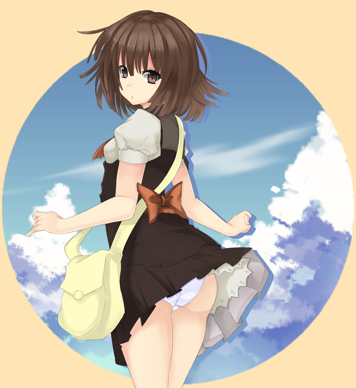 1girl art_is_de4d ass bag bakemonogatari brown_eyes brown_hair clothes_lift dress dress_lift guruguru_mawaru handbag looking_back monogatari_(series) panties sengoku_nadeko short_hair underwear