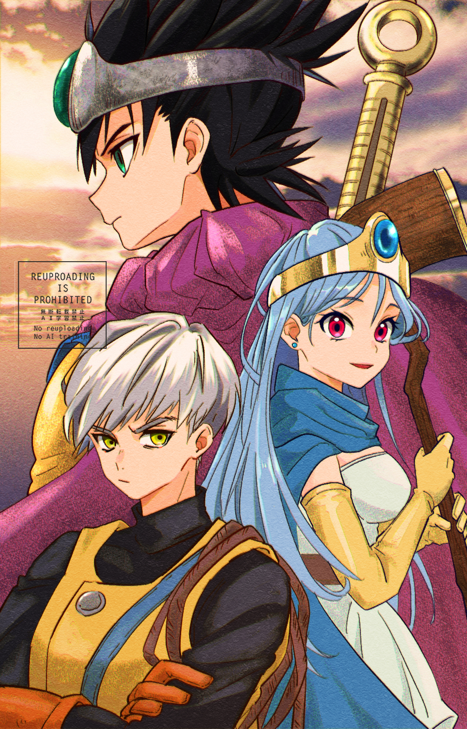 1girl 2boys black_hair black_shirt blue_cape blue_gemstone blue_hair brown_gloves cape circlet commentary_request crossed_arms dragon_quest dragon_quest_iii dress earrings film_grain gem gloves gold_circlet green_eyes green_gemstone hero_(dq3) highres holding holding_staff jewelry kooda long_hair looking_ahead looking_at_viewer multiple_boys open_mouth partial_commentary profile purple_cape red_eyes roto_(dq3) sage_(dq3) shirt short_hair silver_circlet spiked_hair staff strapless strapless_dress stud_earrings thief_(dq3) vest white_dress white_hair yellow_eyes yellow_gloves yellow_vest