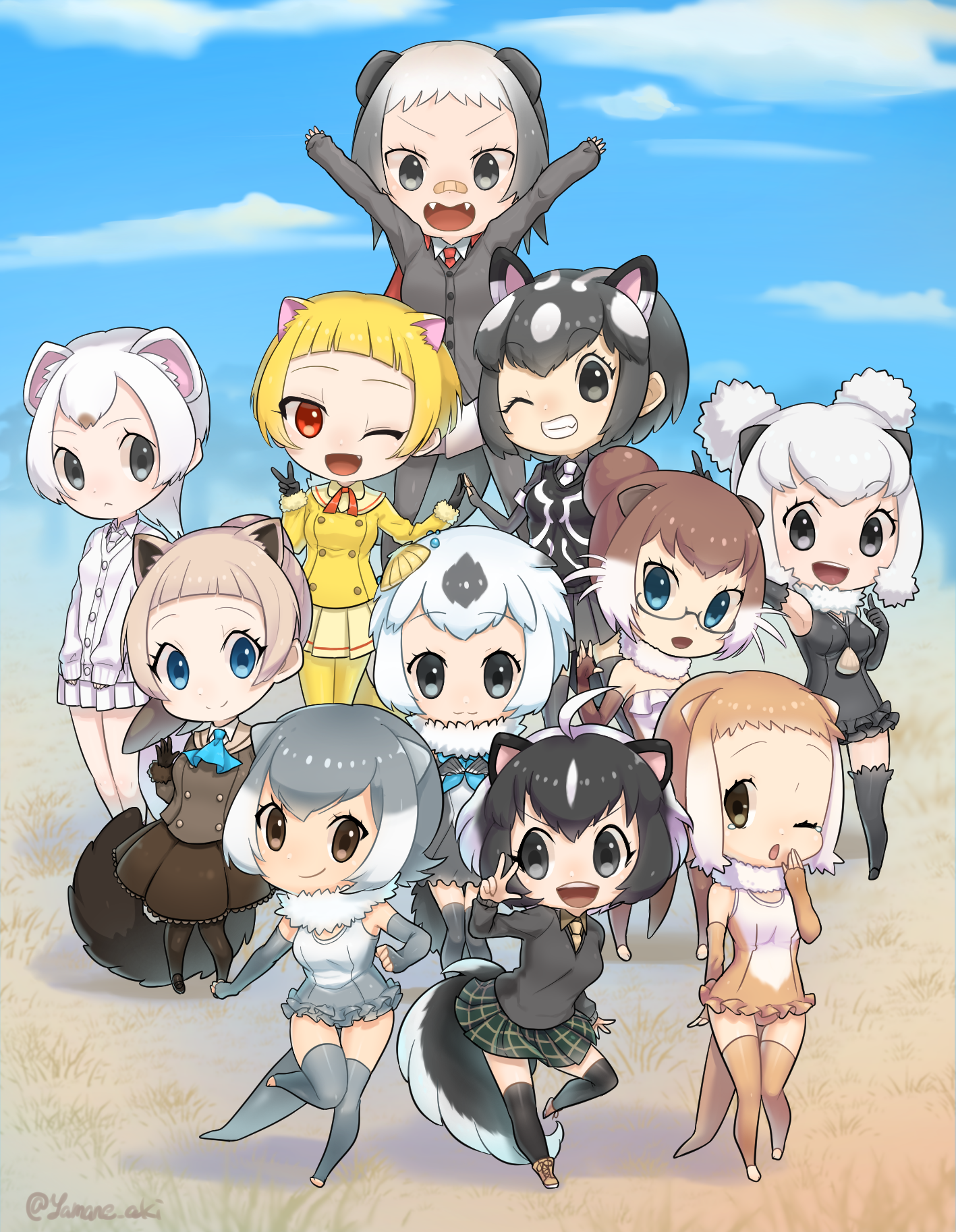>:) >:d 10s 6+girls :< :3 :d ;d ;o aki_yamane alaskan_sea_otter_(kemono_friends) animal_ears arm_at_side arm_up armpits arms_up artistic_error ascot bad_perspective bandaid bandaid_on_face bandaid_on_nose bare_shoulders beige_boots beige_gloves beige_skirt black_cardigan black_eyes black_gloves black_hair black_legwear black_one-piece_swimsuit blonde_hair blue_ascot blue_eyes blue_neckerchief blue_sky blunt_bangs boots brown_eyes brown_gloves brown_hair brown_jacket brown_one-piece_swimsuit brown_shirt brown_skirt buttons californian_sea_otter_(kemono_friends) cape cardigan chibi clenched_hands cloud cloudy_sky collar collared_shirt commentary_request covering_own_mouth cross-laced_footwear day dot_nose double_bun elbow_gloves eurasian_otter_(kemono_friends) eyelashes fang fangs fingerless_gloves frilled_skirt frilled_swimsuit frills full_body fur-trimmed_sleeves fur_collar fur_trim glasses gloves gradient_hair grass green_skirt grey-framed_eyewear grey_cardigan grey_eyes grey_gloves grey_hair grey_legwear grey_one-piece_swimsuit grey_shirt grey_skirt grin hair_bun hand_up hands_up highres index_finger_raised jacket japanese_marten_(kemono_friends) japanese_otter_(kemono_friends) jewelry kemono_friends leg_lift light_brown_hair long_hair long_sleeves looking_at_another looking_at_viewer looking_to_the_side marten_ears medium_hair multicolored_hair multicolored_swimsuit multiple_girls neck_ribbon neckerchief necklace necktie one-piece_swimsuit one_eye_closed open_hand open_mouth otter_ears otter_tail outdoors own_hands_together pantyhose plaid_clothes plaid_skirt pleated_skirt ratel_(kemono_friends) ratel_ears red_cape red_eyes red_necktie red_ribbon ribbon sable_(kemono_friends) sable_ears sable_tail semi-rimless_eyewear shadow shell shell_hair_ornament shell_necklace shirt shoelaces short_hair short_sleeves single_hair_bun skirt skunk_ears skunk_tail sky sleepy small-clawed_otter_(kemono_friends) smile southern_sea_otter_(kemono_friends) spotted_skunk_(kemono_friends) standing standing_on_one_leg stoat_(kemono_friends) strapless strapless_one-piece_swimsuit striped_skunk_(kemono_friends) swimsuit symmetrical_hand_pose tail tareme tears teeth thighhighs tree tsurime twitter_username two-tone_hair under-rim_eyewear upper_teeth_only v v-shaped_eyebrows vest waving weasel_ears white_hair white_necktie white_one-piece_swimsuit white_shirt white_skirt yawning yellow_jacket yellow_legwear yellow_necktie zettai_ryouiki