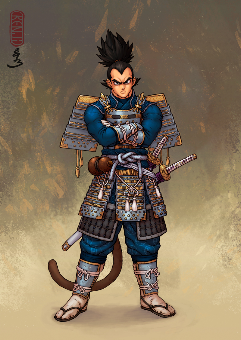 1boy alternate_costume arm_armor armor artist_name black_eyes black_hair blue_pants blue_shirt closed_mouth crossed_arms dragon_ball dragon_ball_super dragonball_z facing_viewer full_body furrowed_brow gloves gourd guillem_dauden haidate japanese_armor japanese_clothes kote kusazuri leg_armor looking_at_viewer male_focus monkey_tail pants pants_tucked_in saiyan samurai sandals sash sheath sheathed shirt shoulder_armor simple_background sode solo spiked_hair suneate sword tabi tail tassel topknot vegeta waraji weapon widow&#039;s_peak