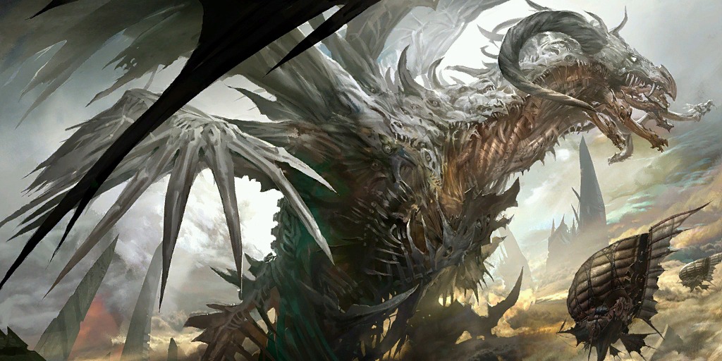 aircraft airship concept_art dragon fantasy guild_wars_(series) guild_wars_1 hydra kekai_kotaki md5_mismatch no_humans size_difference zhaitan