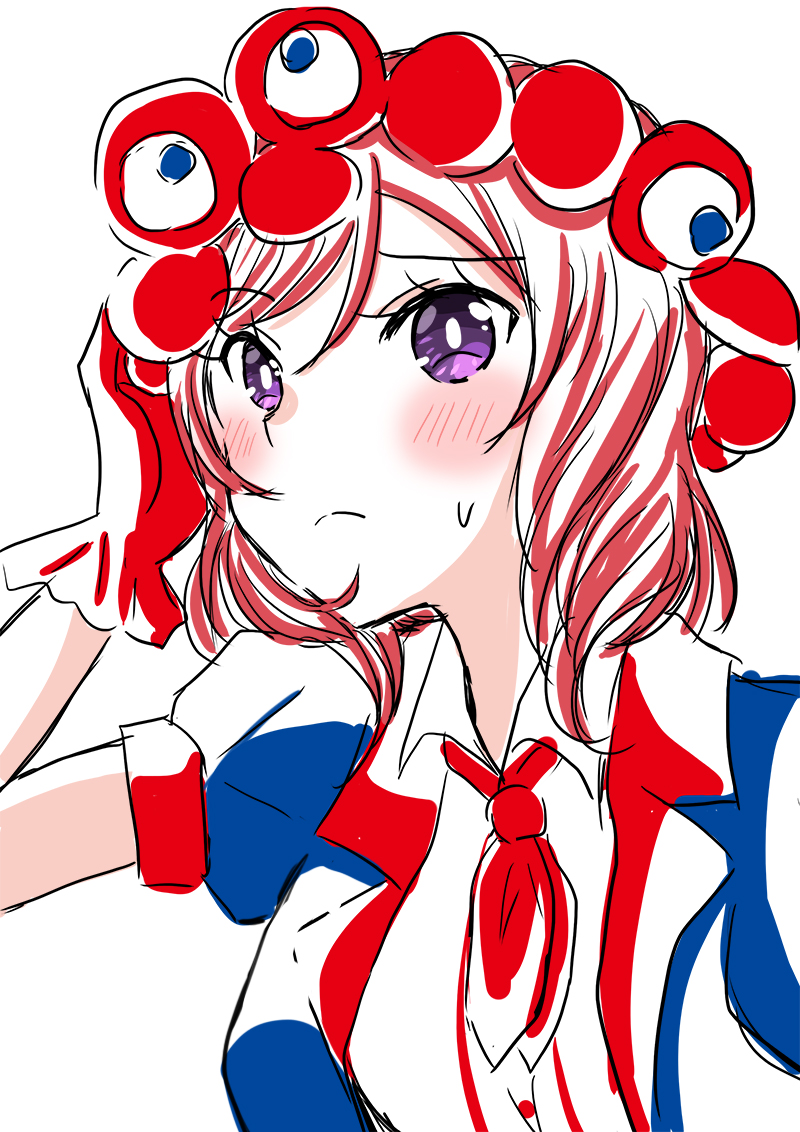 1girl blue_jacket collared_shirt commentary dress_shirt expo2025 frilled_gloves frills gloves harisen_(kaika_sengen) jacket love_live! love_live!_school_idol_project medium_hair myaku-myaku neckerchief nishikino_maki official_alternate_costume open_clothes open_jacket purple_eyes red_gloves red_hair red_neckerchief shirt short-sleeved_jacket short_sleeves simple_background solo symbol-only_commentary upper_body white_background white_shirt