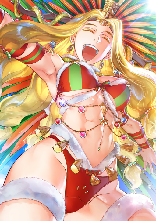 1girl :d abs armpits aztec bell bikini blonde_hair bow bow_bikini breasts breasts_apart brown_headband chin_piercing closed_eyes colored_eyelashes cowboy_shot earrings face_piercing fake_antlers fate/grand_order fate_(series) fingernails floating_hair from_below fur-trimmed_bikini fur_thigh_strap fur_trim game_cg green_nails green_ribbon groin hair_ornament hair_tie hands_up headband headdress highleg highleg_bikini hiroe_rei holly_hair_ornament jewelry long_hair long_sidelocks low-tied_long_hair low-tied_sidelocks multicolored_bikini navel navel_piercing official_art open_mouth outstretched_arms piercing quetzalcoatl_(fate) quetzalcoatl_(samba/santa)_(fate) red_bikini red_ribbon ribbon samba sidelocks smile solo stomach sweat swimsuit tassel teeth third-party_source toned toned_female two-tone_bikini two-tone_ribbon underboob upper_teeth_only