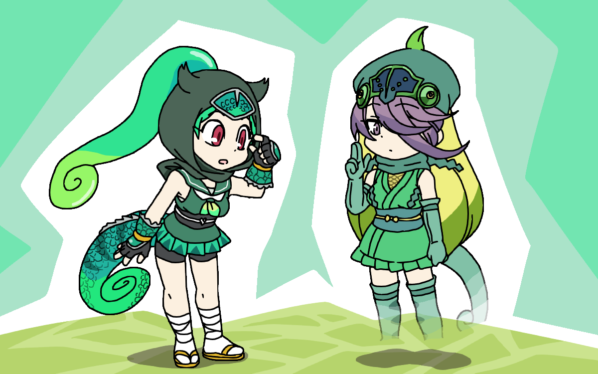 2girls arm_at_side arm_up bare_shoulders bike_shorts bike_shorts_under_skirt boots breasts breasts_apart brown_eyes brown_hair camouflage chameleon_girl chameleon_tail chibi closed_mouth detached_hood elbow_gloves expressionless fingerless_gloves full_body gloves goggles goggles_on_headwear green_hair hair_over_one_eye hair_through_headwear hand_up hat high_ponytail hood hood_up jackson&#039;s_chameleon_(kemono_friends) japanese_clothes kemono_friends kimono leaning_forward lizard_tail long_bangs long_hair looking_at_another medium_breasts microskirt multicolored_hair multiple_girls optical_camouflage panther_chameleon_(kemono_friends) parted_lips partially_invisible ponytail red_eyes sandals shirt skirt sleeveless sleeveless_kimono sleeveless_shirt socks srd_(srdsrd01) standing swept_bangs tail thigh_boots very_long_hair