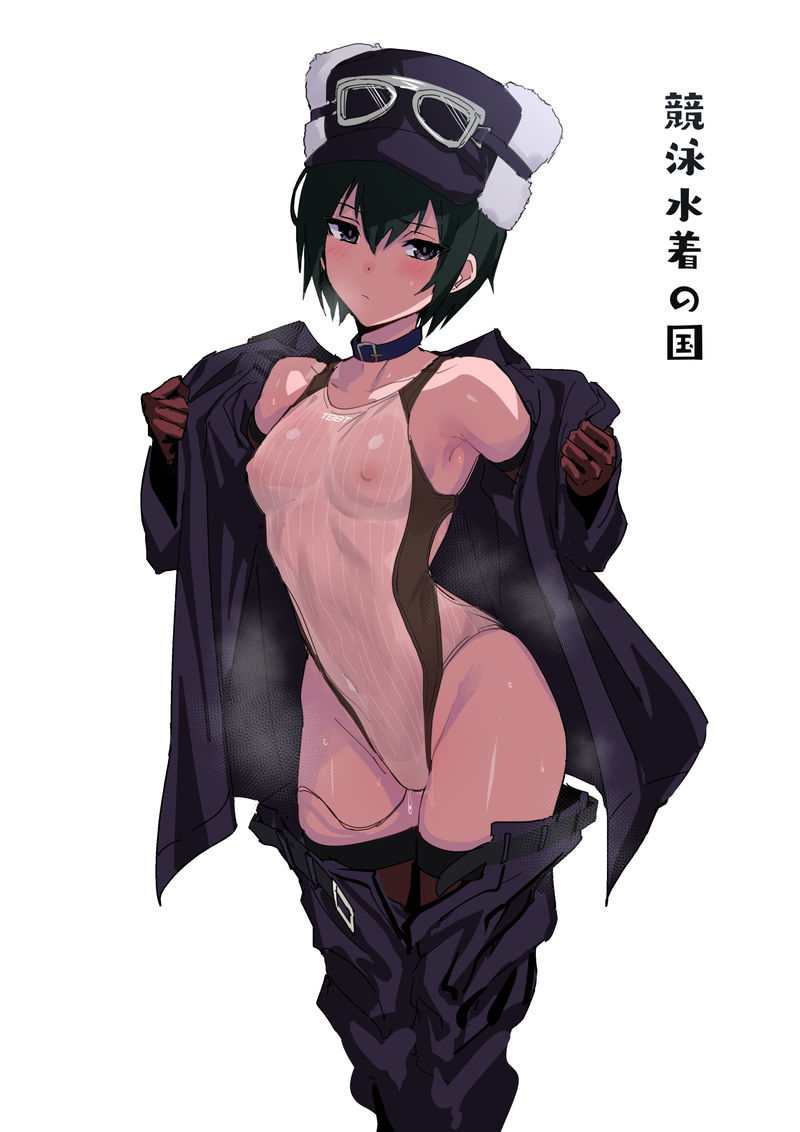 1girl armpits bare_shoulders black_coat black_eyes black_hair black_hat black_shorts blush choker closed_mouth coat competition_swimsuit covered_erect_nipples covered_navel cowboy_shot gloves groin hat highleg kino_(kino_no_tabi) kino_no_tabi looking_at_viewer navel one-piece_swimsuit see-through_clothes see-through_one-piece_swimsuit shorts simple_background solo standing steaming_body swimsuit tomboy two-tone_swimsuit ulrich_(tagaragakuin) undressing white_background