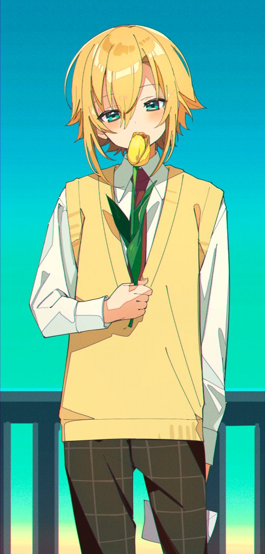 1boy blonde_hair checkered_clothes checkered_pants collared_shirt flower fuubuu gradient_sky green_eyes hair_between_eyes holding holding_flower holding_letter letter long_sleeves looking_at_viewer male_focus necktie nijisanji pants railing red_necktie school_uniform shirt short_hair sky solo standing tulip uzuki_kou uzuki_kou_(3rd_costume) vest virtual_youtuber yellow_vest