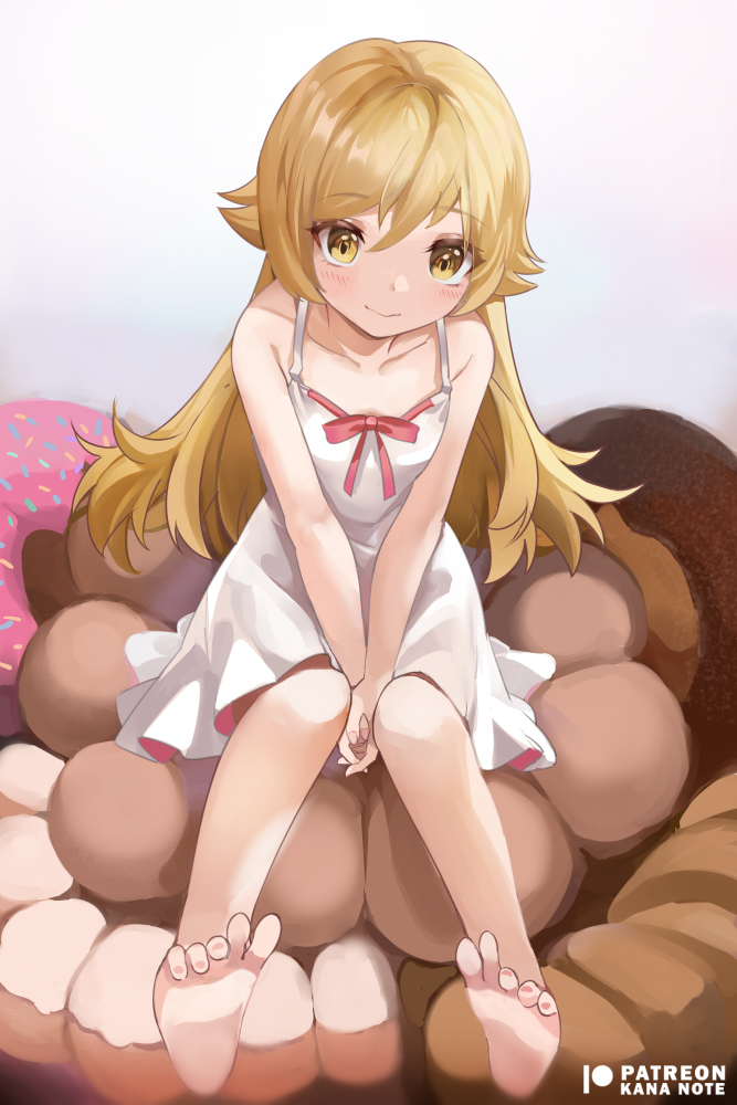 1girl artist_request barefoot blonde_hair blush dres dress feet female_focus full_body long_hair looking_at_viewer monogatari_(series) mujinbensin oshino_shinobu smile soles solo toes white_dress