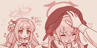 1other 2girls behind_another beret blue_archive blush clenched_hands closed_mouth envy feathered_wings flying_sweatdrops furrowed_brow hair_bun halo hands_up hat head_wings headpat koharu_(blue_archive) long_hair long_sleeves low_twintails low_wings lowres maibotsumou mika_(blue_archive) monochrome multiple_girls nose_blush oekaki off_shoulder open_mouth out_of_frame red_theme school_uniform serafuku sidelocks simple_background single_side_bun sleeve_cuffs smirk sweatdrop translation_request twintails v-shaped_eyebrows wings