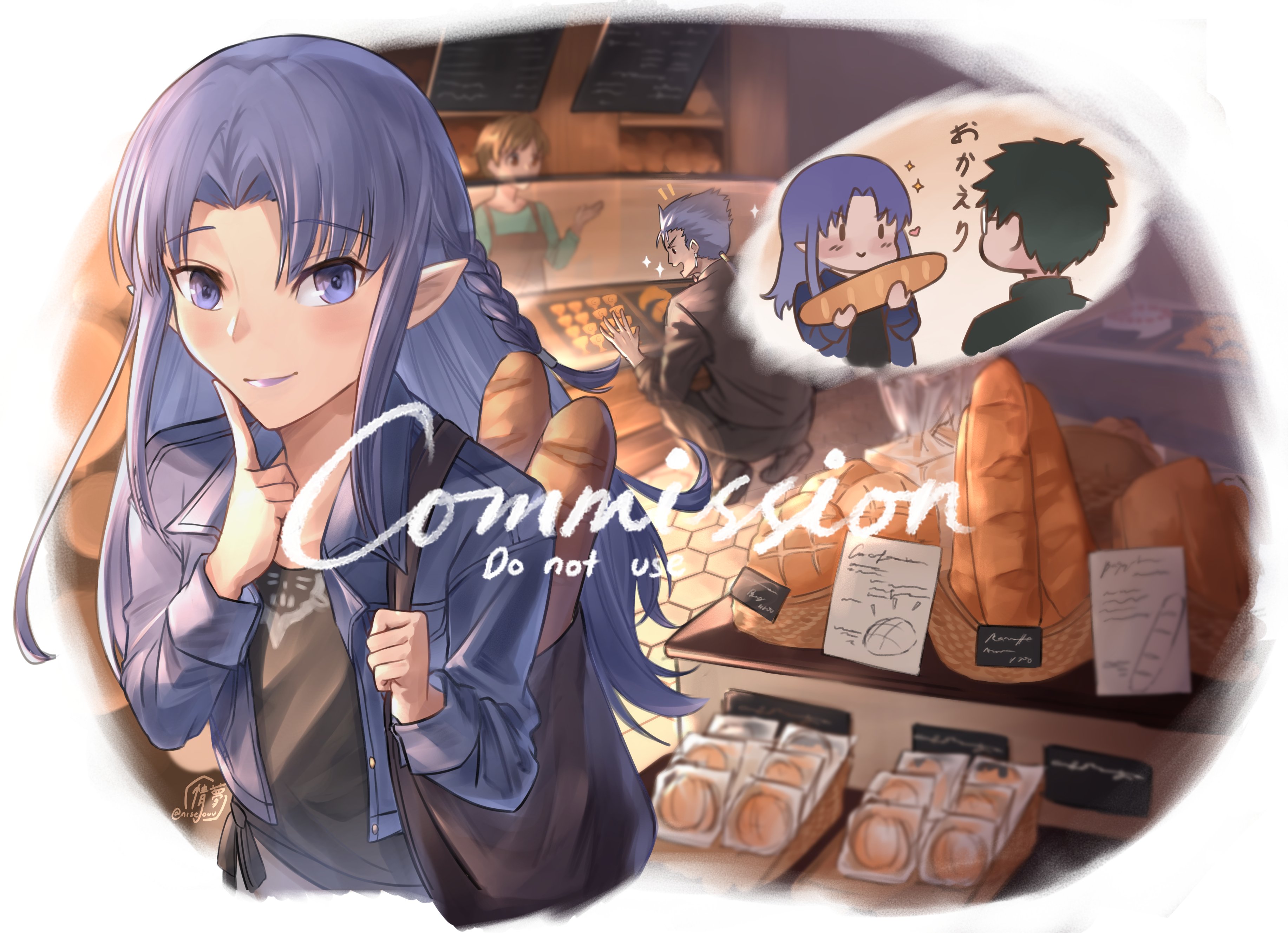 2boys 2girls absurdres bag bakery black_hair black_shirt blue_eyes blue_hair blue_jacket blush braid bread brown_hair chibi chibi_inset commission cu_chulainn_(casual_wear)_(fate) cu_chulainn_(fate) cu_chulainn_(fate/stay_night) fate/grand_order fate_(series) food handbag highres jacket kuzuki_souichirou lipstick long_hair looking_at_viewer makeup medea_(caster)_(fate) medea_(fate) multiple_boys multiple_girls nisejouu pointy_ears purple_lips shirt shop side_braid