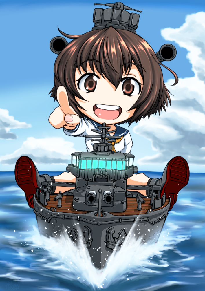 10s 1girl :d anchor blue_sky brown_eyes brown_hair chibi cloud cloudy_sky commentary_request day female_focus headgear historical_name_connection horizon kantai_collection koutarou_(plusdrive) looking_at_viewer military military_vehicle name_connection object_namesake ocean open_mouth outdoors personification pointing pointing_at_viewer riding school_uniform serafuku ship ship_turret short_hair sky smile solo vehicle_and_personification warship watercraft yukikaze_(destroyer) yukikaze_(kancolle)
