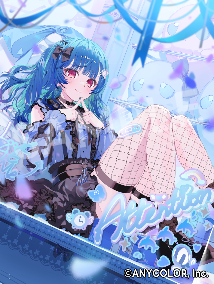 1girl a20_(atsumaru) black_bow black_shoes black_skirt blue_hair blue_ribbon blue_shirt blurry blurry_foreground blush bow c: clothing_cutout commentary_request copyright_name crane_game dolphin english_text fishnet_thighhighs fishnets full_body ghost hair_bow in_crane_game looking_at_viewer medium_hair nijisanji nishizono_chigusa nishizono_chigusa_(jirai_kei) official_art red_eyes ribbon shirt shoes shoulder_cutout sitting skirt smile solo steepled_fingers thighhighs virtual_youtuber