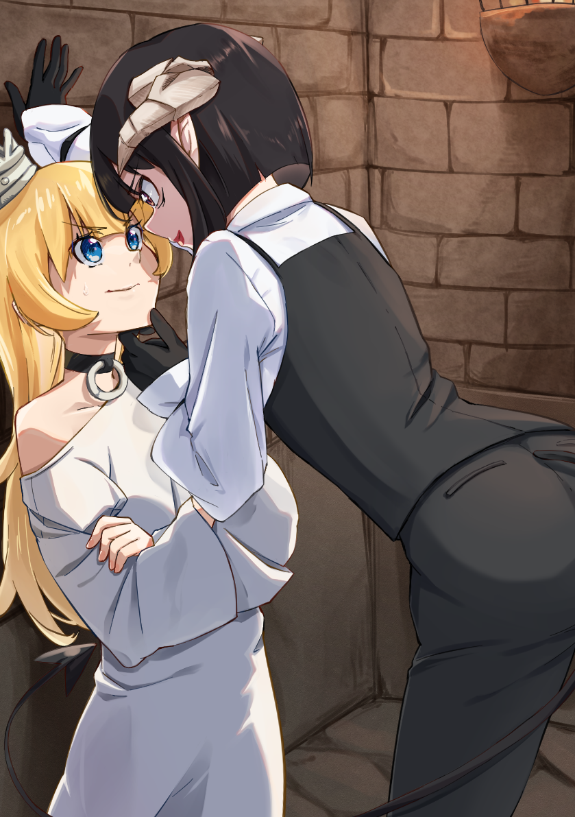 2girls ass black_gloves black_pants black_vest blue_eyes breasts closed_mouth collar crossed_arms crown demon_horns demon_tail from_side gloves hand_on_another&#039;s_chin hime-sama_&quot;goumon&quot;_no_jikan_desu hime_(himesama_goumon) horns kabedon lipstick looking_at_another makeup metal_collar mini_crown multiple_girls pants pointy_ears rags red_eyes shadow shirt small_breasts tail torinao_(user_hszt4357) torture_tortura vest white_shirt yuri