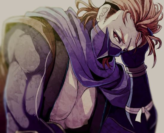1boy fire_emblem fire_emblem_fates male_focus mask mask_on_shoulder mouth_mask ninja ninja_mask nintendo nipple_slip nipples one_eye_closed pectoral_cleavage pectorals red_eyes red_hair saizo_(fire_emblem) scar scar_across_eye scar_on_face scarf tsuko_(25mnts)