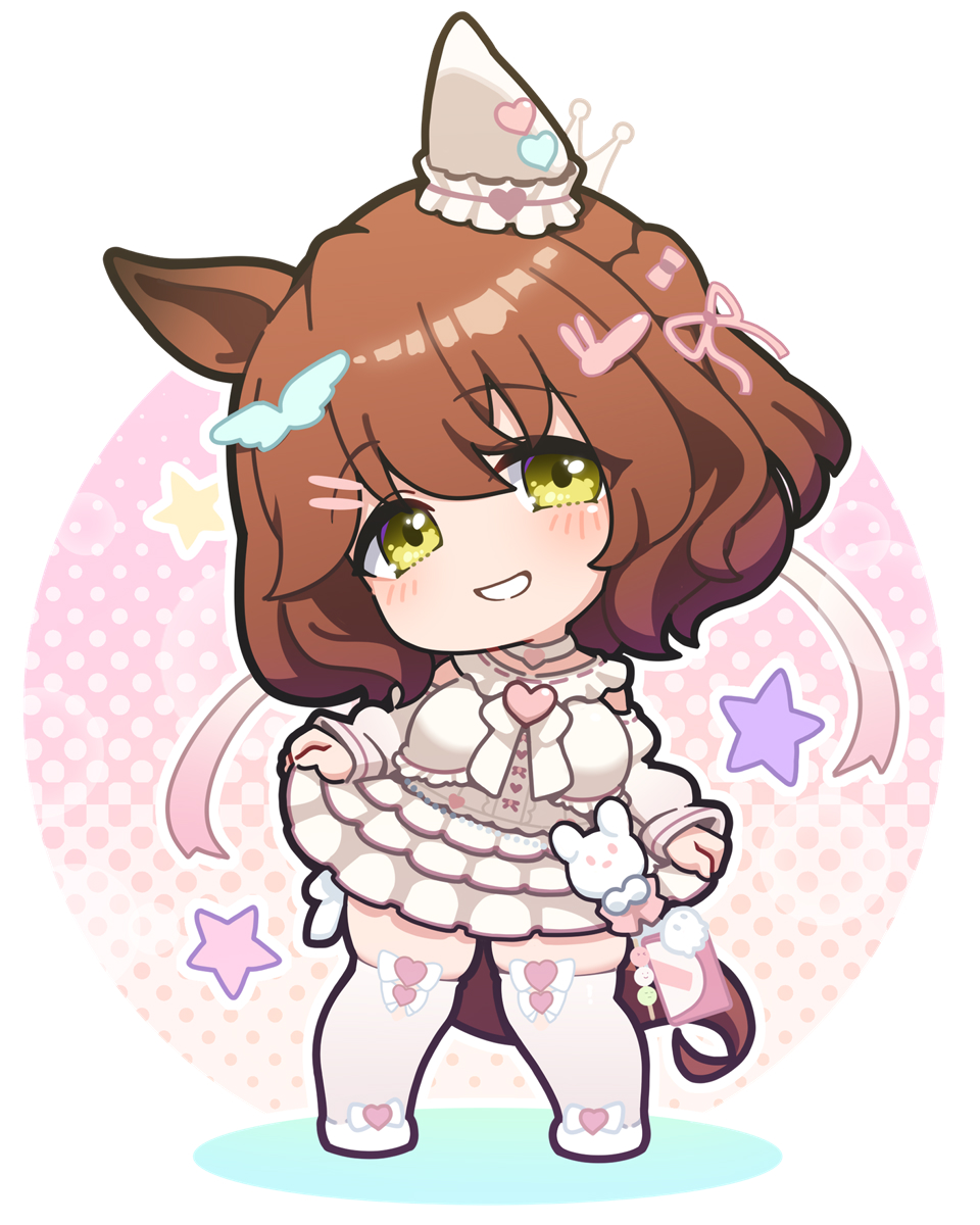 1girl animal_ears aston_machan_(everlasting_candy)_(umamusume) aston_machan_(umamusume) blush breasts brown_eyes brown_hair chibi commentary_request dress full_body hair_between_eyes halftone halftone_background head_tilt highres horse_ears horse_girl horse_tail looking_at_viewer medium_breasts outline shoes smile solo standing star_(symbol) tail thighhighs umamusume warashi white_dress white_outline white_shoes white_thighhighs