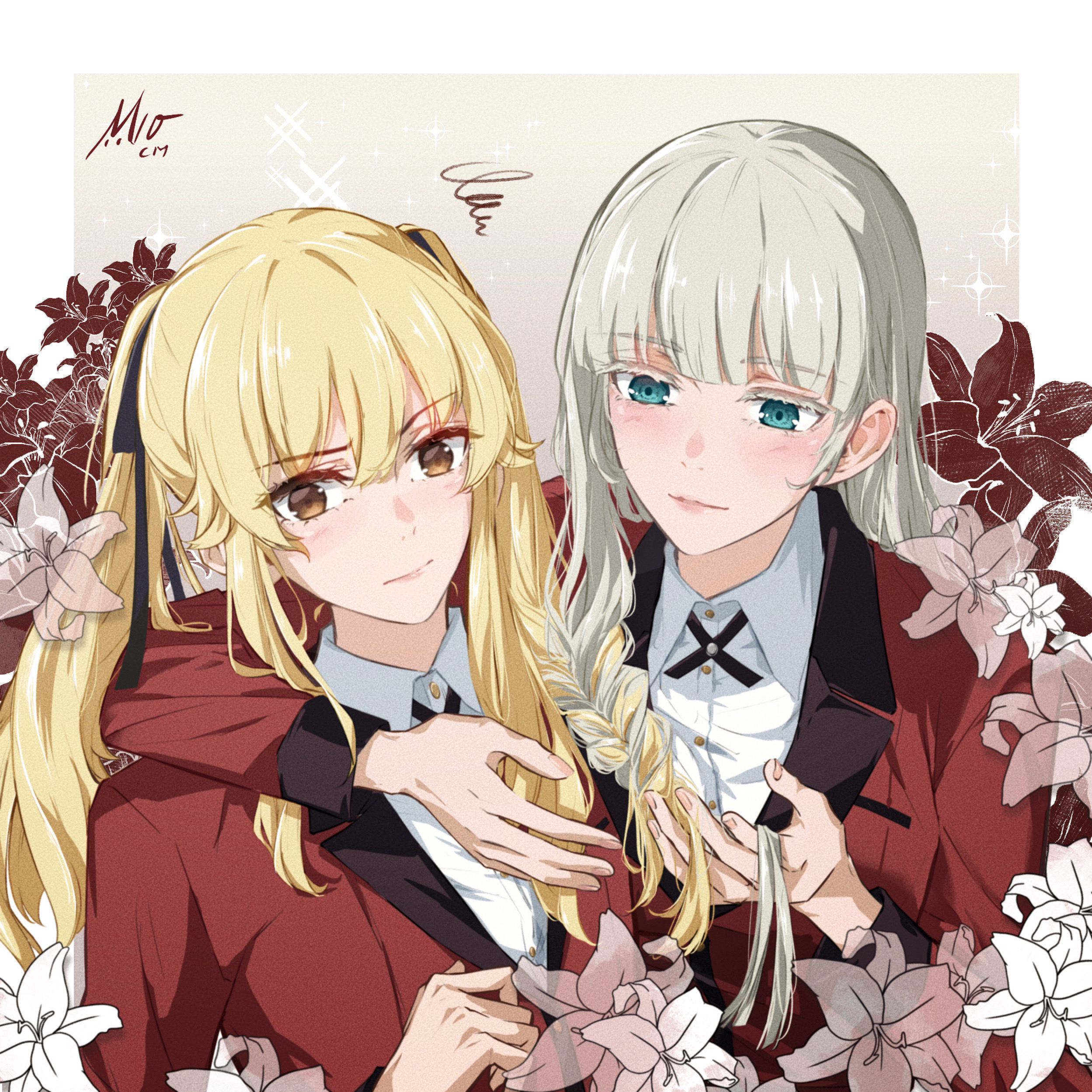 2girls absurdres annoyed black_ribbon blazer blonde_hair blue_eyes blunt_bangs blush braid braiding_hair brown_eyes closed_mouth collared_shirt colored_eyelashes cross_tie flower hair_between_eyes hair_over_shoulder hair_ribbon hairdressing hand_in_another's_hair hands_in_hair highres hyakkaou_academy_school_uniform jacket kakegurui light_smile lily_(flower) long_bangs long_hair long_sleeves m10cmdesu momobami_ririka multiple_girls neck_ribbon red_jacket ribbon saotome_mary school_uniform shirt sidelocks signature simple_background single_braid sitting sparkle suit_jacket twintails tying_hair white_flower white_hair white_lily white_shirt yuri