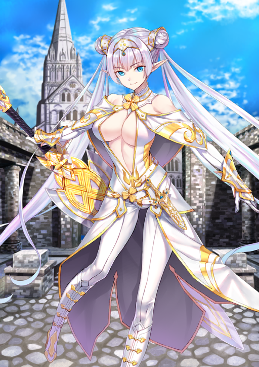 1girl armor armored_gloves bare_shoulders blue_eyes blue_sky boots breasts britomart_(fate) britomart_(second_ascension)_(fate) capelet cleavage cleavage_cutout closed_mouth clothing_cutout cloud collar dagger detached_sleeves double_bun fate/grand_order fate_(series) floating_hair foot_out_of_frame game_cg gloves hair_bun hair_ornament hairband holding holding_behind_back holding_sword holding_weapon holding_weapon_behind_back impossible_clothes knife large_breasts leg_up linea_alba long_hair long_pointy_ears looking_at_viewer matsuryuu navel official_art outstretched_arm pants plunging_neckline pointy_ears purple_hair revealing_clothes reverse_grip sheath sheathed showgirl_skirt sidelocks skirt sky smile solo sword third-party_source twintails underboob variant_set very_long_hair weapon white_armor white_boots white_capelet white_collar white_gloves white_hairband white_pants white_skirt white_sleeves