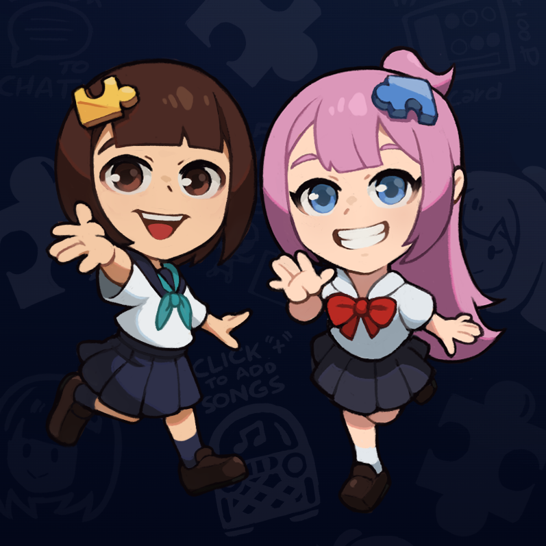 2girls chibi dark_background gie-chan_(jiggie) hair_ornament hairpin jig-chan_(jiggie) jigsaw_puzzle long_hair looking_at_viewer mateus_upd multiple_girls original puzzle ribbon school_uniform shoes short_hair skirt