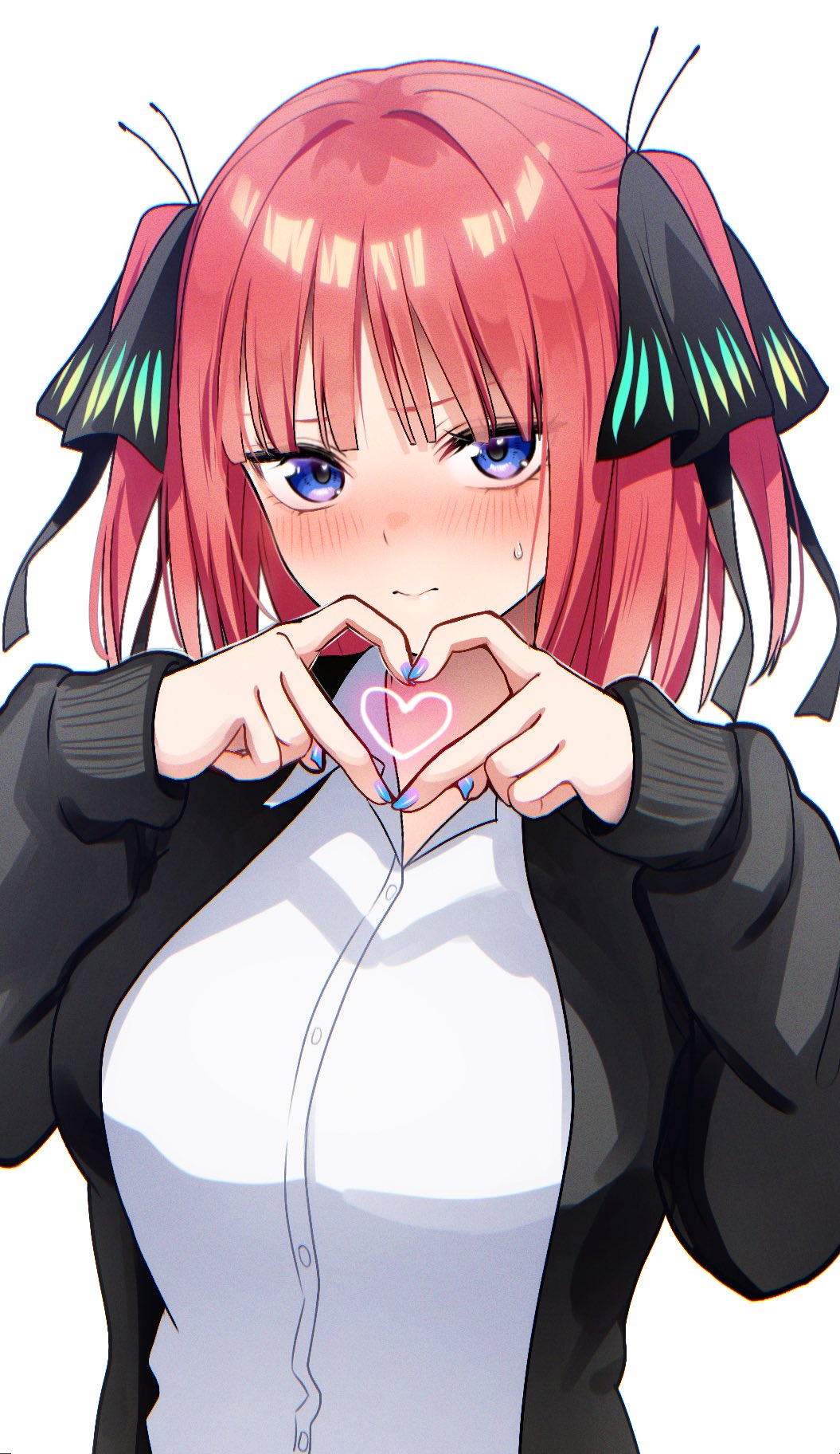 1girl black_jacket blue_eyes blush breasts butterfly_hair_ornament closed_mouth commentary_request fingernails four-finger_heart_hands go-toubun_no_hanayome hair_ornament heart heart_hands highres jacket kurosaki_coco large_breasts looking_at_viewer nail_polish nakano_nino nose_blush purple_nails red_hair shirt short_hair simple_background solo two_side_up upper_body white_background white_shirt