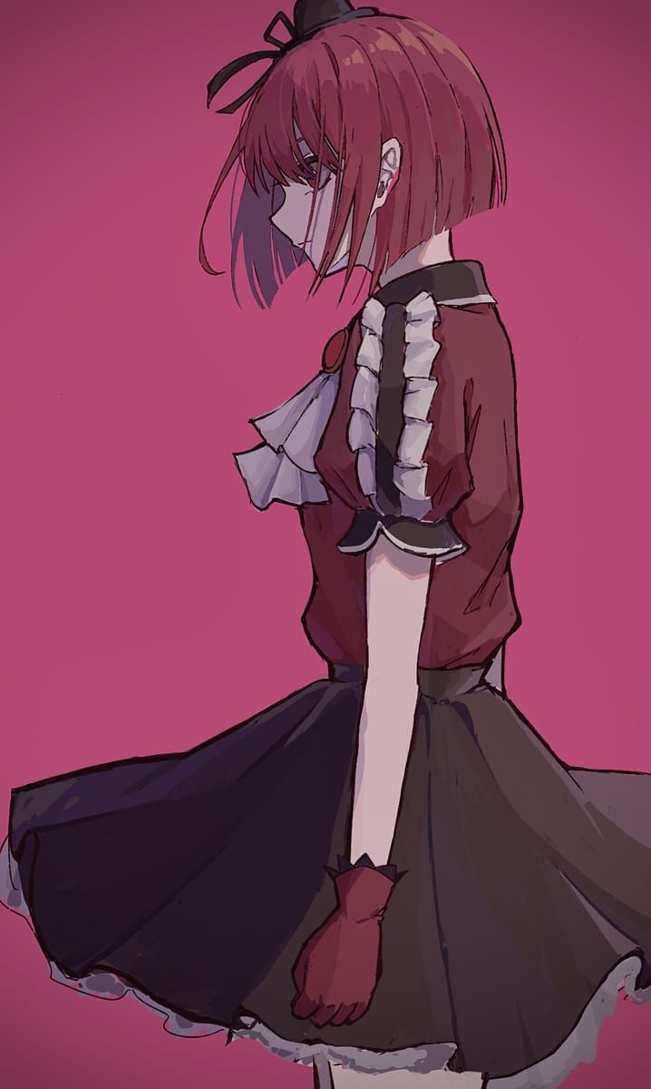 1girl arima_kana b-komachi_(new) black_skirt bob_cut bow closed_mouth dress expressionless gloves hat hat_ribbon highres idol idol_clothes inverted_bob medium_hair oshi_no_ko pink_background profile red_brooch red_dress red_eyes red_gloves red_hair red_shirt ribbon shirt short_hair short_sleeves simple_background skirt solo source_request white_bow