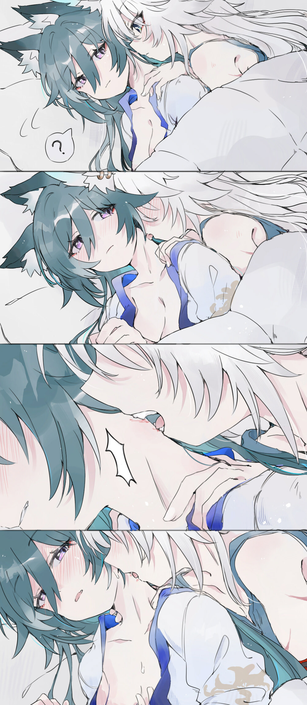 alternate_costume animal_ears bed breasts feixiao_(honkai:_star_rail) fud green_hair highres honkai:_star_rail honkai_(series) licking licking_another&#039;s_neck long_hair medium_breasts multiple_girls on_bed shorts simple_background sportswear under_covers very_long_hair white_background white_hair yukong_(honkai:_star_rail) yuri