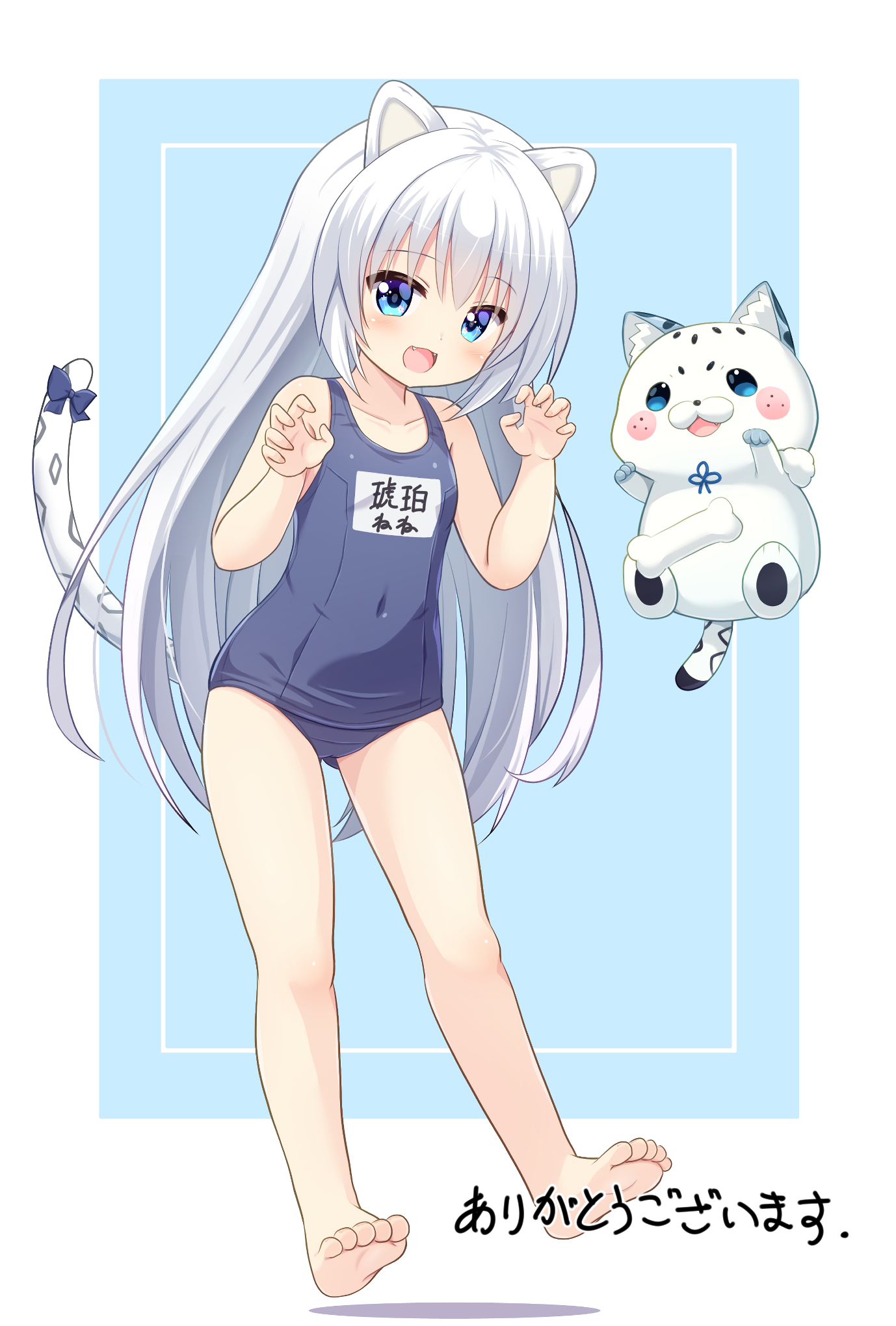 1girl animal_ears bare_arms barefoot black_one-piece_swimsuit black_ribbon blue_eyes blush cameltoe cat character_name collarbone commission covered_navel eyebrows_hidden_by_hair fang full_body gluteal_fold hands_up highres indie_virtual_youtuber kohaku_nene long_hair looking_at_viewer mogura2009 name_tag old_school_swimsuit one-piece_swimsuit open_mouth paw_pose ribbon school_swimsuit simple_background skeb_commission smile solo standing straight_hair stuffed_toy swimsuit tail tail_ornament tail_ribbon very_long_hair virtual_youtuber white_hair