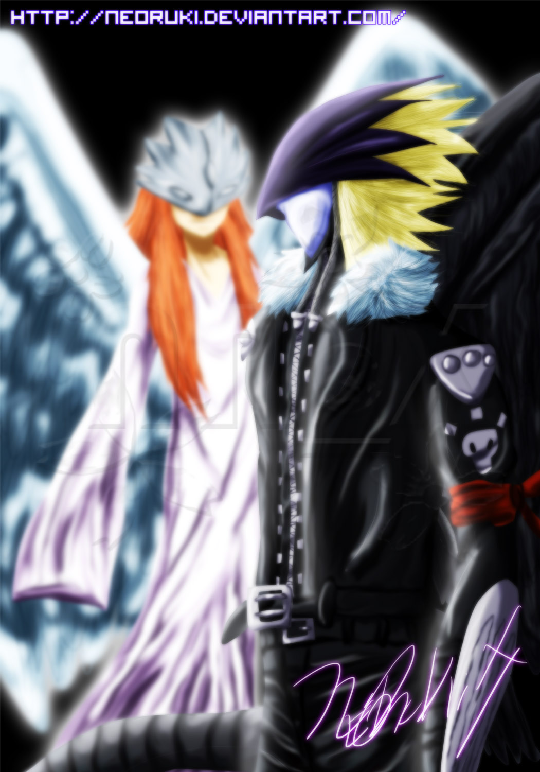 beelzebumon beelzebumon_blast_mode belt digimon digimon_(creature) goddess_(digimon_xros_wars) highres looking_at_another mask statue tail wings