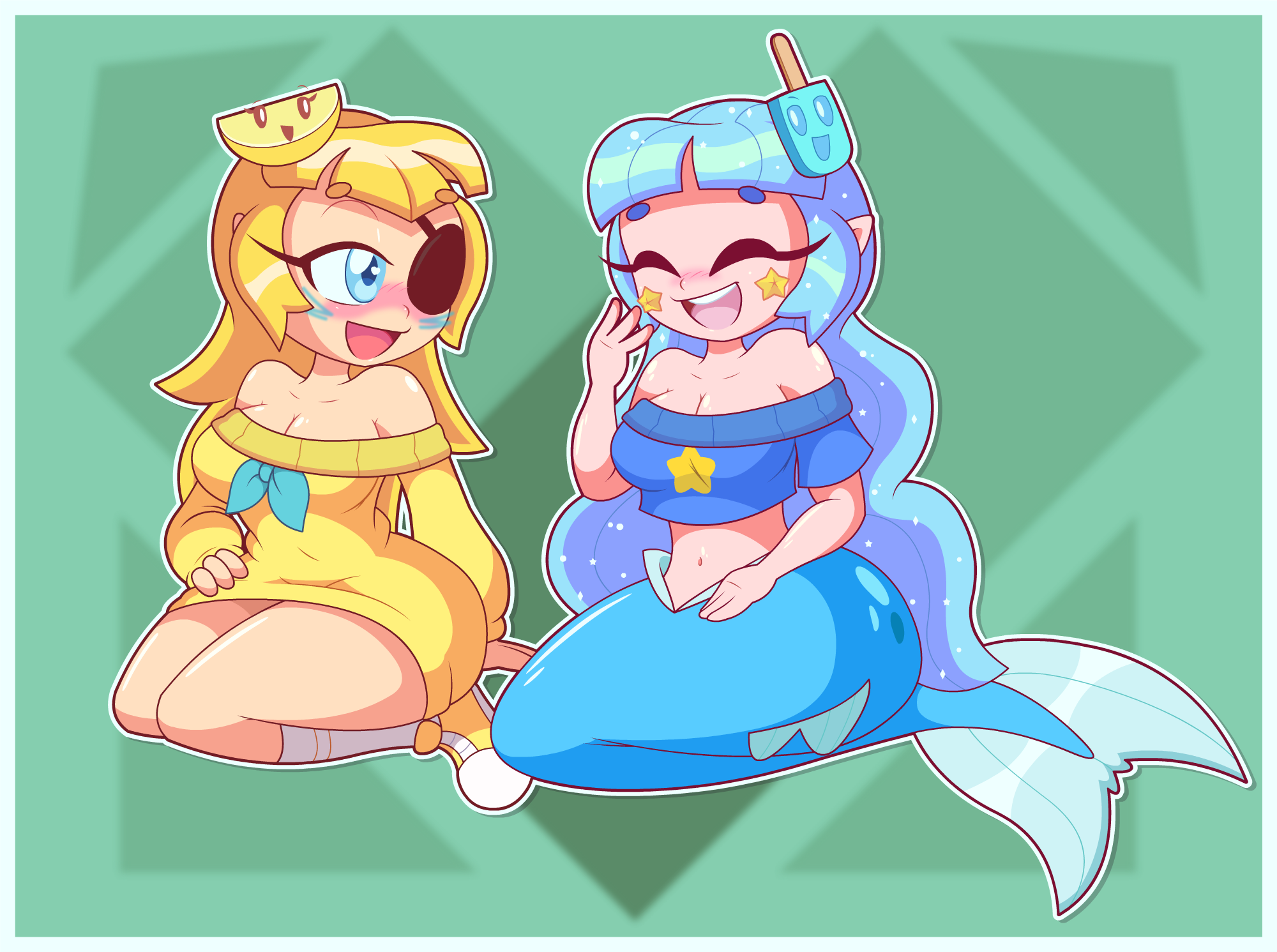 1girl 2girls bare_shoulders blonde_hair blue_bow blue_eyes blue_hair blue_sweater blush bottomless bow breasts cleavage closed_eyes collarbone cropped_sweater doctor-g eyepatch food food-themed_hair_ornament fruit full_body green_background hair_ornament highres indie_virtual_youtuber large_breasts laughing lemon lemon_hair_ornament lemon_queen_(vannamelon) lemon_slice long_hair long_sleeves looking_at_another looking_at_viewer looking_to_the_side mermaid mini_lemon_(vannamelon) monster_girl multiple_girls navel no_pants off-shoulder_sweater off_shoulder open_mouth original pink_star pointy_ears popsicle popsicle_hair_ornament purple_eyes seiza shiny_skin shoes sitting smile socks solo star_(symbol) star_cheeks sweater tail teeth tongue tongue_out vanna_seasalt yellow_shoes yellow_star yellow_sweater youtube zig-zag_cheeks