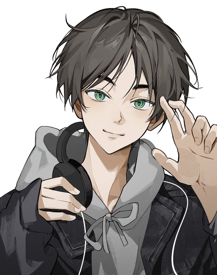 1boy alternate_costume casual closed_mouth ema eren_yeager green_eyes headphones looking_at_viewer male_focus myanya shingeki_no_kyojin simple_background smile solo upper_body white_background