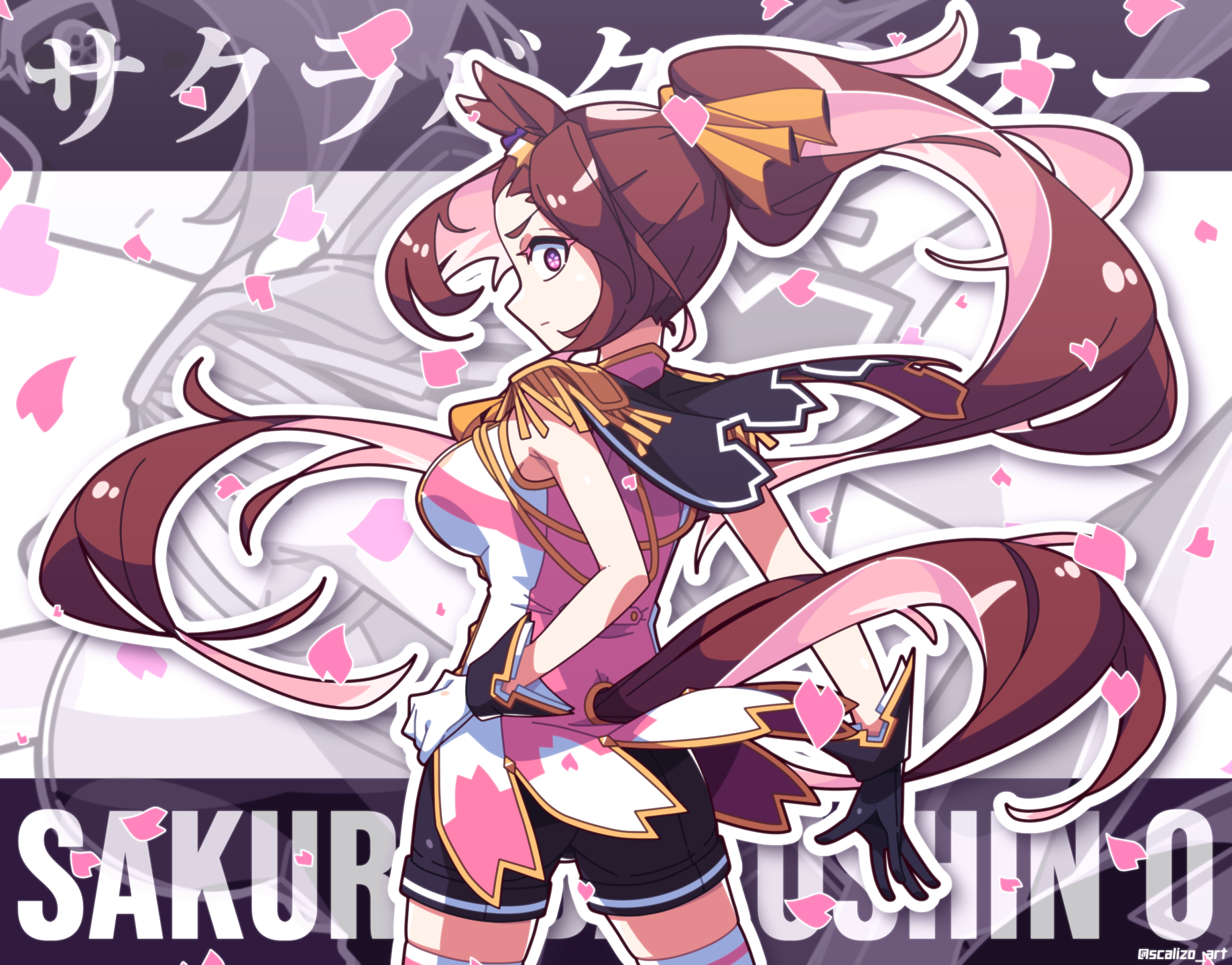 1girl animal_ears artist_name asymmetrical_gloves black_gloves breasts brown_hair character_name cherry_blossoms cowboy_shot flower_in_eye gloves high_ponytail highres horse_ears horse_girl horse_tail long_hair looking_at_viewer mismatched_gloves pink_eyes ponytail sakura_bakushin_o_(umamusume) scalizo shorts solo standing symbol-shaped_pupils symbol_in_eye tail thighhighs twitter_username umamusume very_long_hair white_gloves white_thighhighs