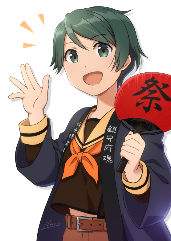 1girl ^^^ belt black_hair brown_belt brown_shirt brown_shorts green_eyes hand_fan happi japanese_clothes kantai_collection mogami_(kancolle) mogami_kai_ni_(kancolle) nao_(nao_eg) neckerchief open_mouth orange_neckerchief orange_sailor_collar paper_fan sailor_collar school_uniform serafuku shirt shorts smile solo uchiwa upper_body waving