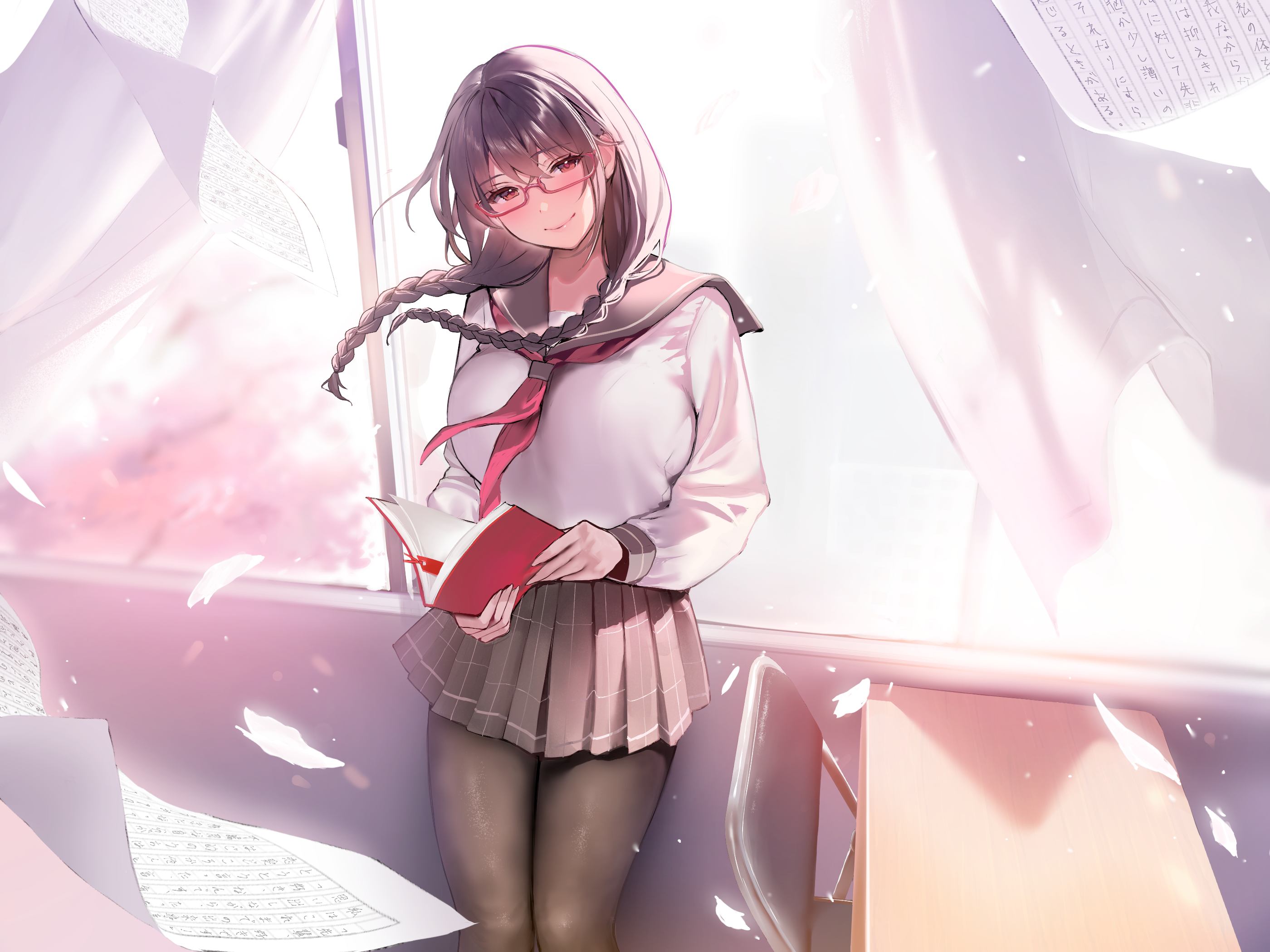 1girl black_hair black_pantyhose black_sailor_collar black_skirt blush book bookmark braid breasts brown_eyes chair classroom closed_mouth commentary_request curtains desk floating_hair glasses highres holding holding_book inushima large_breasts long_hair long_sleeves looking_at_viewer original pantyhose pleated_skirt red-framed_eyewear sailor_collar school_chair school_desk school_uniform semi-rimless_eyewear shirt skirt smile solo standing twin_braids under-rim_eyewear white_shirt window