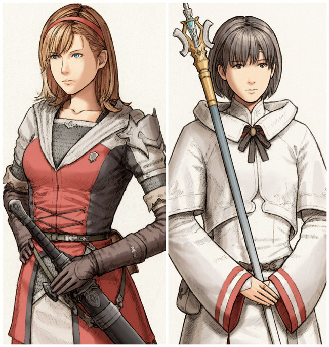 1girl 1other androgynous armor asymmetrical_clothes black_eyes black_hair blue_eyes breasts brown_gloves brown_hair collarbone expressionless final_fantasy final_fantasy_xiv fuji_(d38635s10) gloves hairband hand_on_own_hip hyur jewelry medium_breasts medium_hair ring sheath sheathed shoulder_armor staff sword warrior_of_light_(ff14) weapon