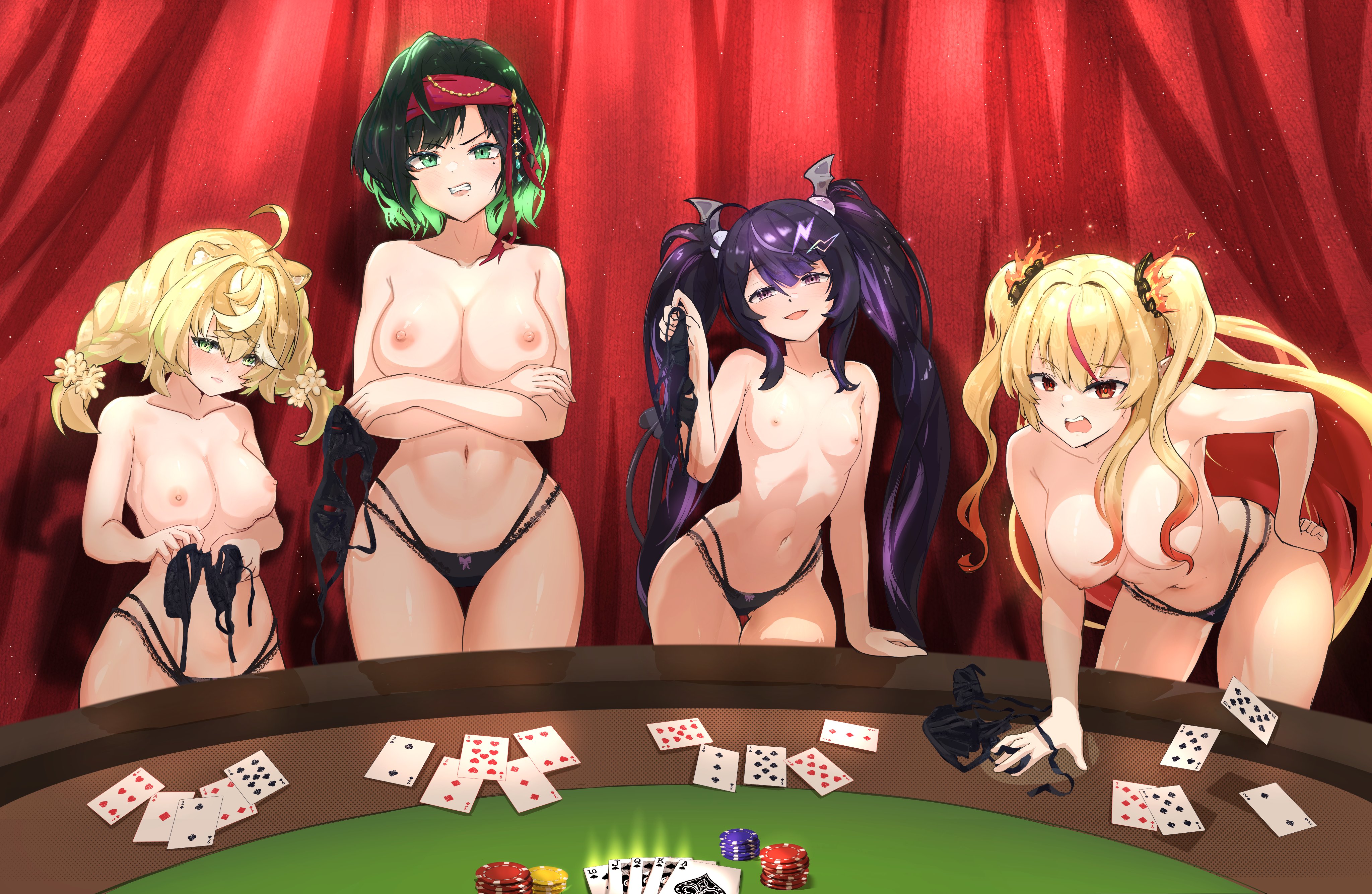4girls absurdres blonde_hair blush bra breasts card cersea_soulstorm chromashift clenched_teeth commission curtains daisy_dandelion green_eyes green_hair hairband hand_on_own_hip hand_on_table highres holding holding_bra holding_underwear holding_unworn_clothes chromashift katosh large_breasts lingerie medium_breasts mole mole_under_eye mole_under_mouth multiple_girls navel nipples open_mouth poker poker_chip poker_table purple_eyes purple_hair red_eyes roca_rourin_(vtuber) ruby_runeheart small_breasts table teeth underwear vgen_commission virtual_youtuber