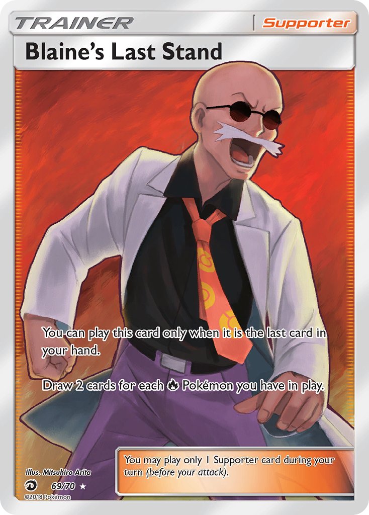 1boy arita_mitsuhiro artist_name bald belt black_belt black_shirt blaine_(pokemon) character_name clenched_hand coat collared_shirt copyright_name copyright_notice english_text facial_hair lab_coat lower_teeth_only mustache necktie nintendo official_art open_clothes open_coat open_mouth pants poke_ball_print pokemon pokemon_card pokemon_frlg pokemon_tcg purple_pants red_necktie round_eyewear shirt sunglasses teeth third-party_source trading_card white_coat white_hair