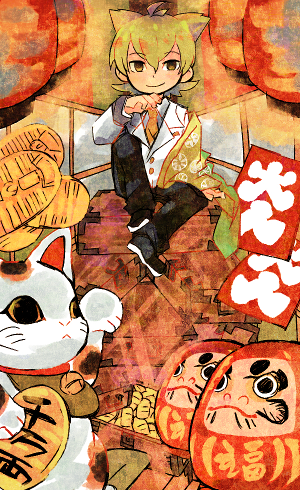 1boy ashiya_lime black_footwear black_pants closed_mouth coin daruma_doll flipped_hair gold good_fortune_symbol green_hair jacket knee_up koban_(gold) lantern looking_at_viewer maneki-neko necktie off_shoulder open_clothes open_jacket pants paper_lantern radiospeed14 short_hair sitting smile solo tansu_(cabinet) wide_shot yellow_eyes youkai_watch youkai_watch_jam:_youkai_gakuen_y