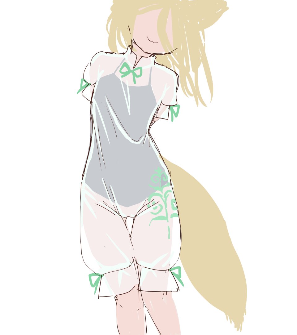 1girl :3 animal_ears arms_behind_back black_camisole blonde_hair cameltoe camisole commentary_request fox_ears fox_girl fox_tail green_ribbon kudamaki_tsukasa mandarin_collar medium_hair neck_ribbon no_eyes puffy_short_sleeves puffy_sleeves ribbon romper s-a-murai see-through_romper short_sleeves simple_background solo spaghetti_strap tail touhou white_background white_romper yellow_theme