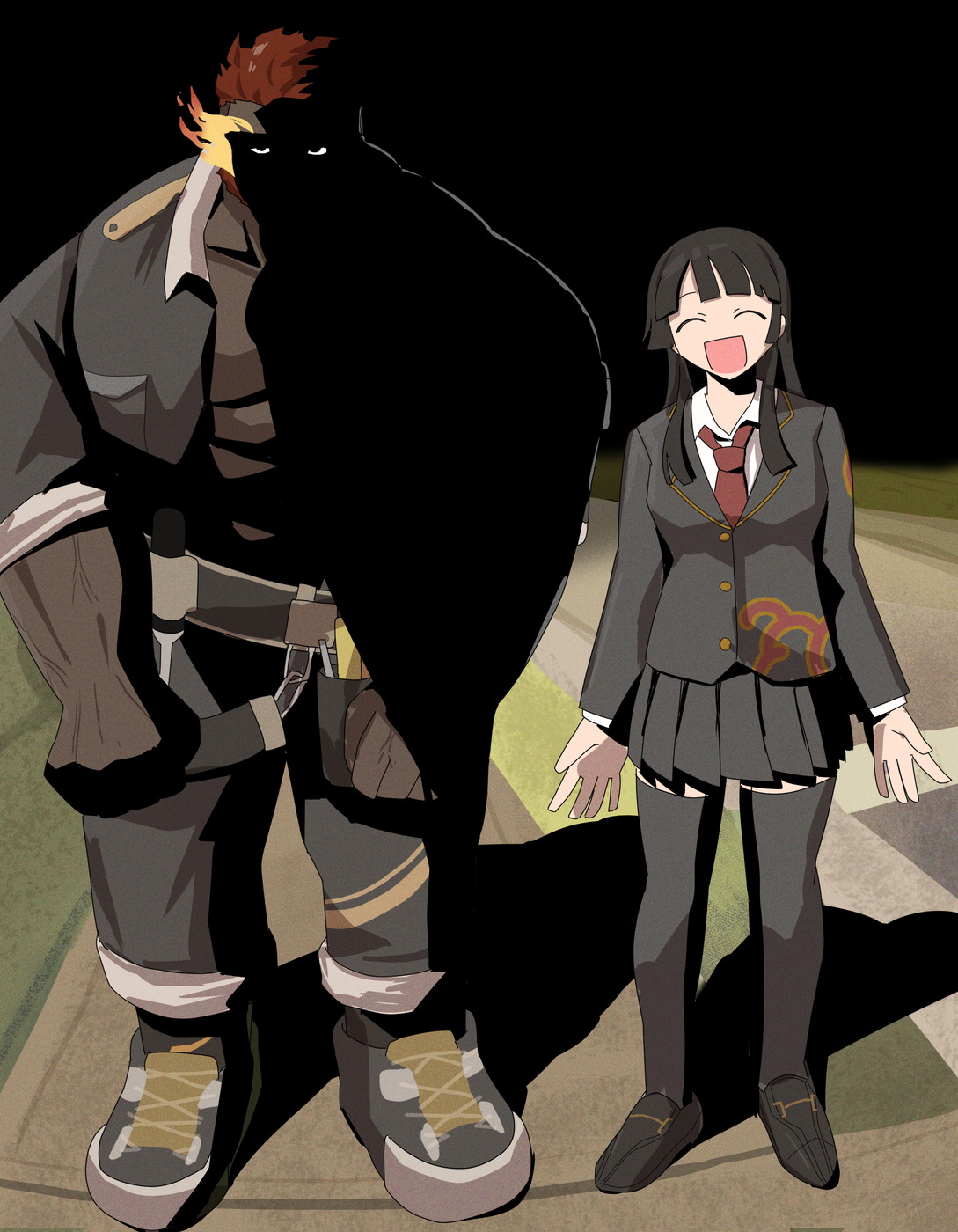1boy 1girl :d bara black_sky dark-skinned_male dark_skin eyes_in_shadow flaming_eye full_body glaring hephaestus_(housamo) highres large_pectorals long_sleeves meme muscular muscular_male night open_jumpsuit open_mouth pants pectorals protagonist_2_(housamo) shaded_face side-by-side sidewalk sky smile standing suna_sand1 tokyo_houkago_summoners very_dark_skin why_dis_ninja_look_so_mad_(meme)
