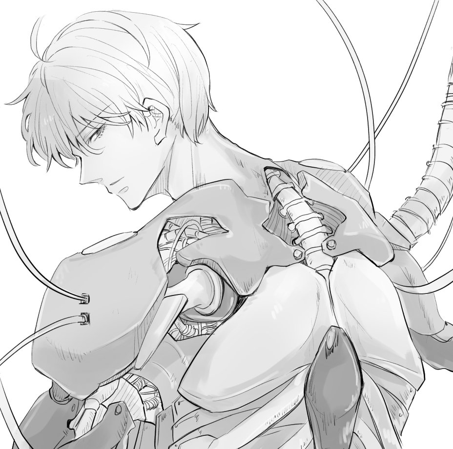 1boy ahoge cable cyborg from_behind goddess_of_victory:_nikke greyscale johan_(nikke) joints looking_at_viewer looking_back mechanical_arms mechabare mechanical_spine monochrome noharu robot_joints short_hair simple_background solo white_background