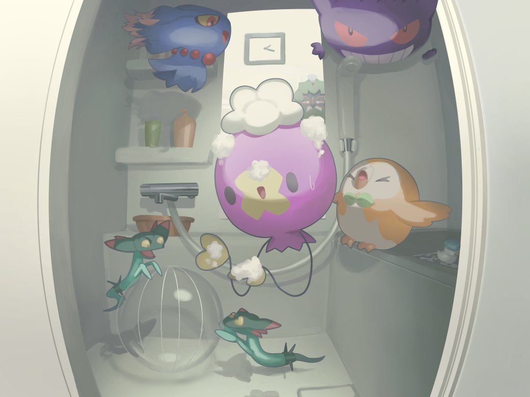 :d bathtub clock colored_sclera commentary_request decidueye dreepy drifloon foam gen_1_pokemon gen_2_pokemon gen_4_pokemon gen_7_pokemon gen_8_pokemon gengar grin indoors misdreavus mokukitusui nintendo no_humans open_mouth orange_eyes pokemon pokemon_(creature) quaxly rowlet rubber_duck shelf shower_(place) smile solid_oval_eyes teeth yellow_sclera