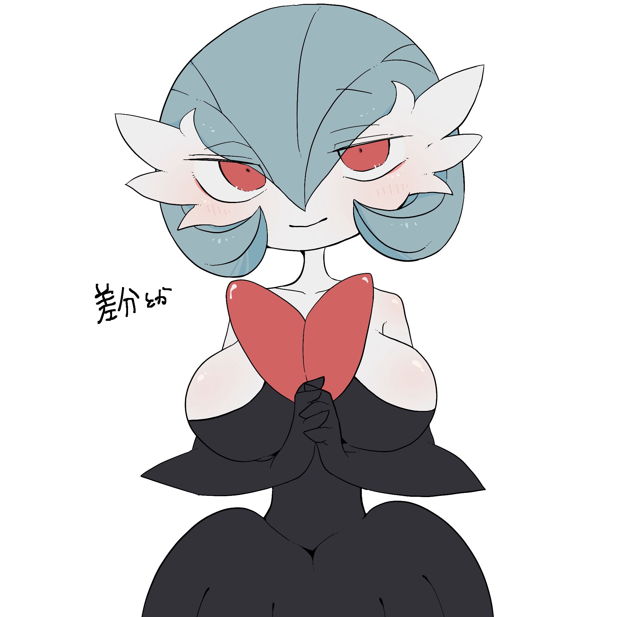1girl alternate_color bare_shoulders black_dress black_gloves blue_hair blush bob_cut breasts closed_mouth collarbone colored_skin dress elbow_gloves female_focus flat_color gardevoir gen_3_pokemon gloves hair_between_eyes half-closed_eyes hands_up happy highres interlocked_fingers japanese_text large_breasts looking_at_viewer mega_gardevoir mega_pokemon nintendo own_hands_together pokemon pokemon_(creature) red_eyes shiny_pokemon short_hair simple_background smile solo standing straight-on strapless strapless_dress translation_request upper_body white_background white_skin yamada_(pixiv_24040206)