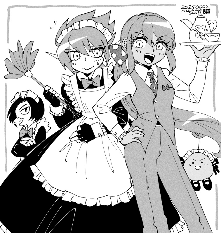1girl 2boys aizawa_sachi alternate_costume alternate_hairstyle blush bow bowtie butler captain_spaceboy crossed_arms duster enmaided female_butler fingerless_gloves gloves greyscale hair_bow hand_on_own_hip holding holding_duster holding_tray long_hair long_sleeves looking_at_viewer maid maid_headdress monochrome multiple_boys necktie omori open_mouth pants polka_dot polka_dot_bow polka_dot_necktie ponytail short_hair smile smug sprout_mole sweetheart_(omori) teapot teeth tray upper_teeth_only